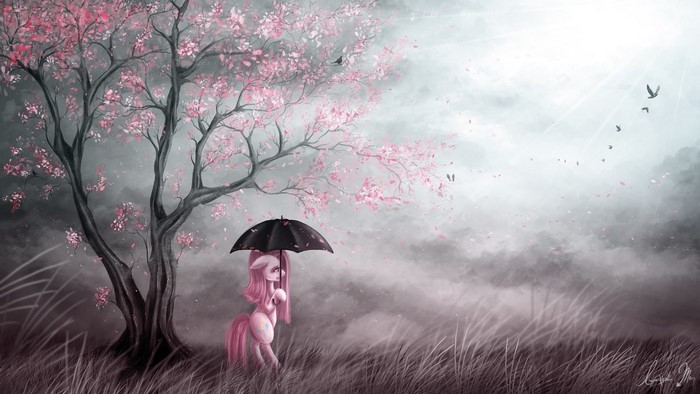Pinkie Pie with umbrella under cherry blossom tree