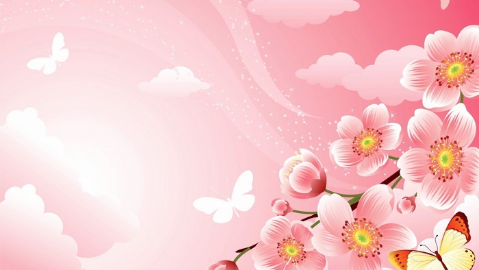 Pink flowers and butterflies on a pink background