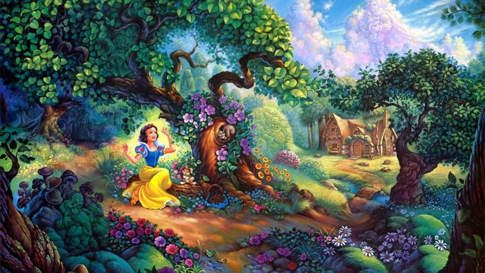 Snow White in a magical forest with a cottage