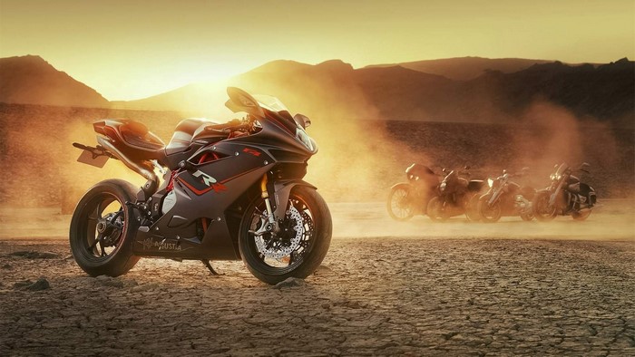 MV Agusta F4RR motorcycle in desert landscape