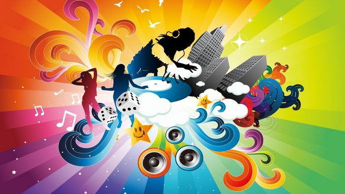 Music vector art with dancing figures and a lizard DJ