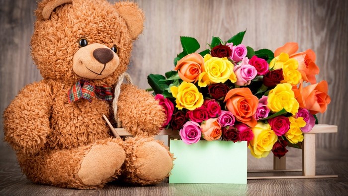 Teddy Bear with Colorful Roses and Gift Card