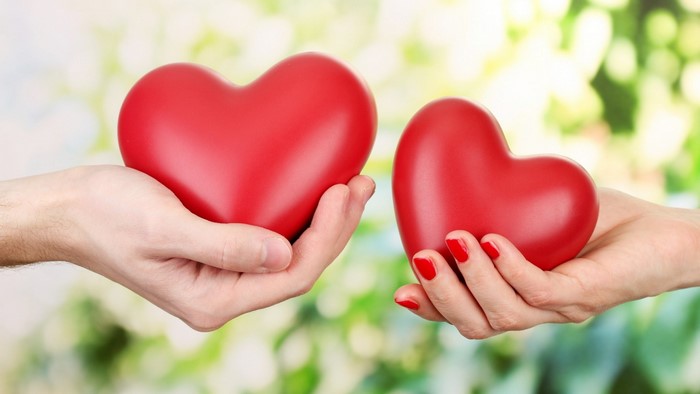 Two hands holding red hearts