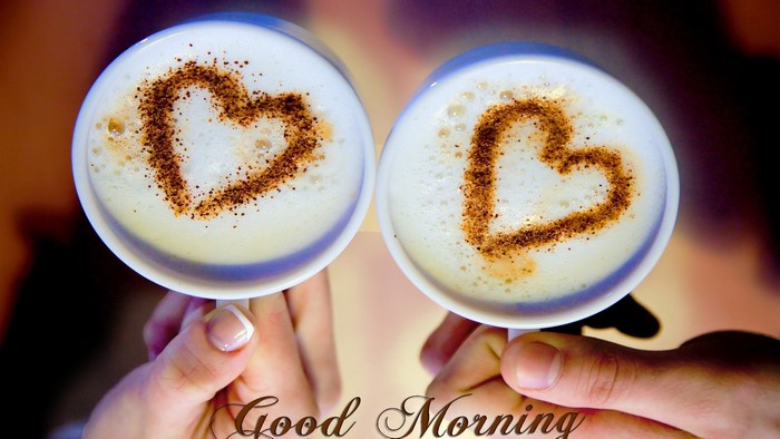 Two cups of coffee with hearts and "Good Morning"