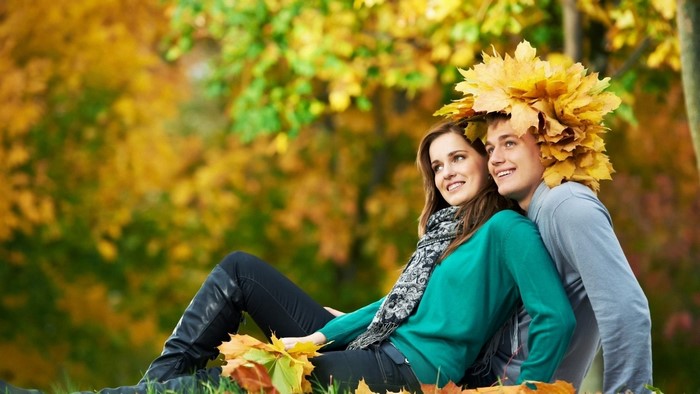 Couple in Autumn Park with Leaf Crown