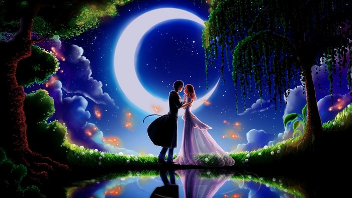 Couple embracing under a crescent moon