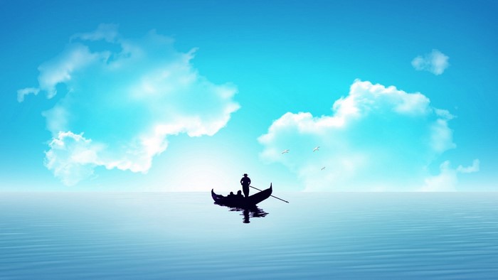Silhouette of a gondola with people on a calm sea under a cloudy sky