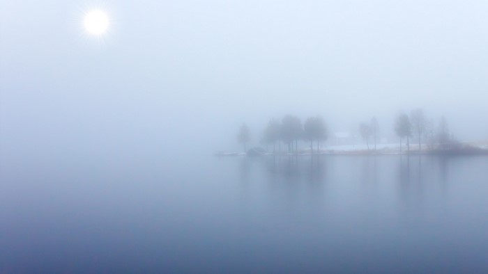 Foggy blue lake with trees and sun