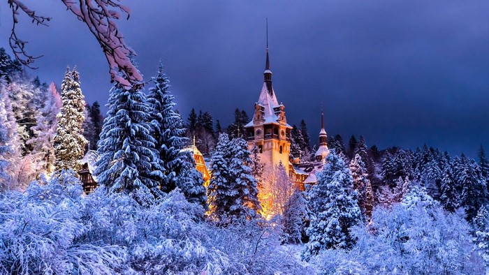 Peles Castle in Sinaia, Romania during winter