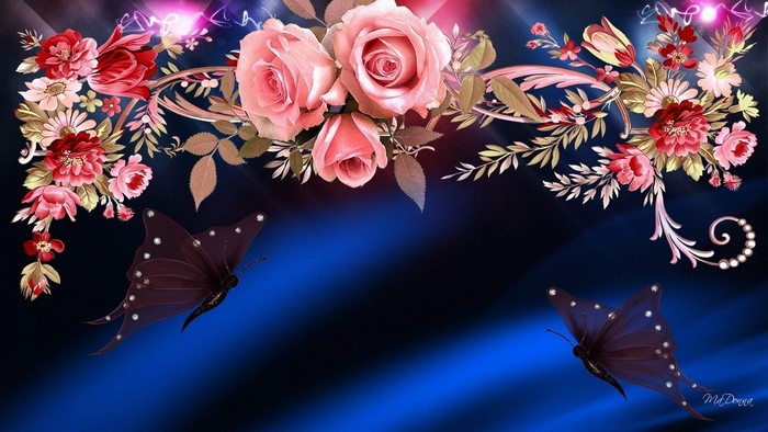 Pink Roses and Butterflies on Blue Background