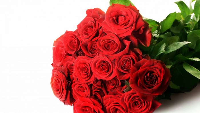 Bouquet of red roses with green leaves