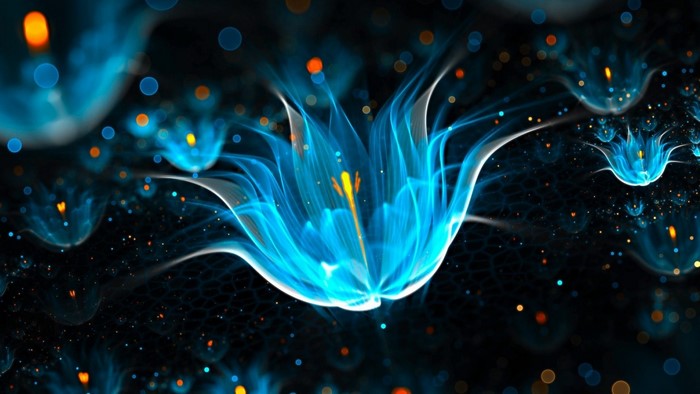 Abstract Neon Blue Flowers on Black Background
