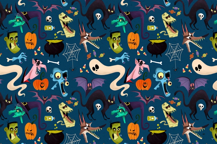 Halloween Pattern with Monsters and Candy