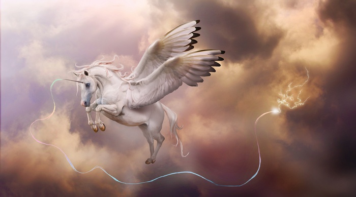 Pegasus with wings in a stormy sky