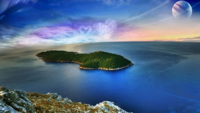 Fantasy Island with Planet and Heart Clouds