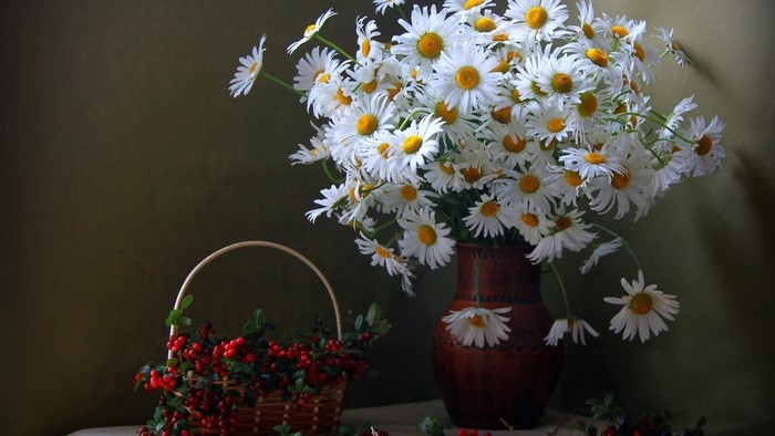 Vase of Daisies and Basket of Berries