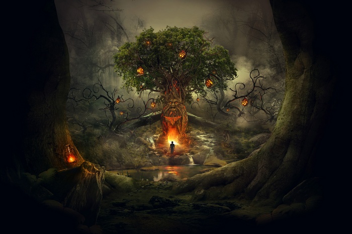 Scary Tree with Lanterns and a Person