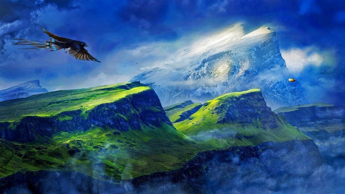 Fantasy bird flying over green mountains and snowy peaks