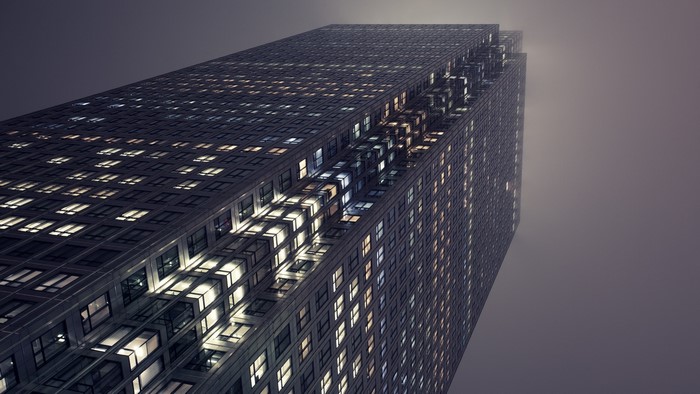 Skyscraper in night fog