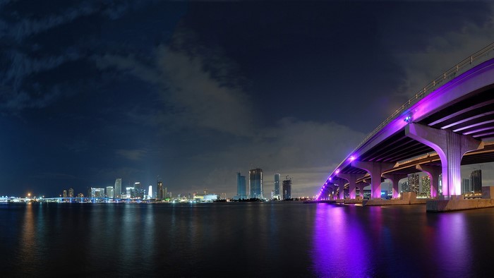 Miami Bridge with Colorful Lights at Night
