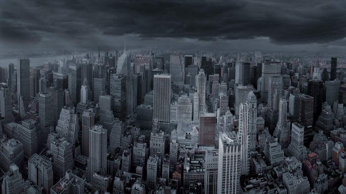 New York City Skyline Under Dark Stormy Skies