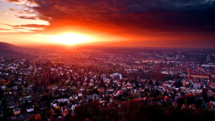 Sunset over a city with tilt-shift effect