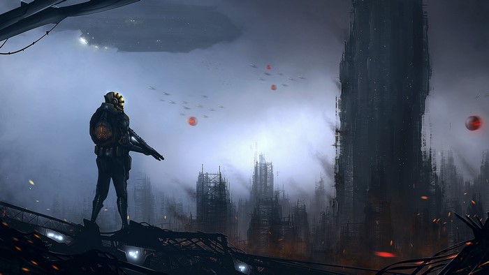 Soldier in a ruined city with flying orbs and airships