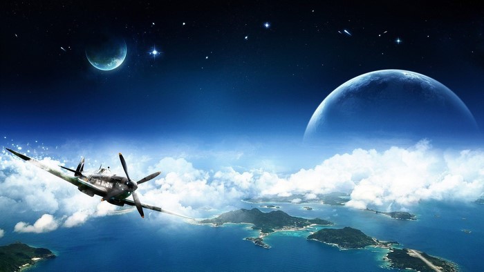 Airplane flying over islands with planets in the sky