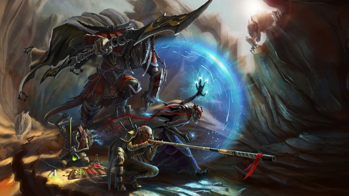 Fantasy warriors in a rocky cave with magical shield