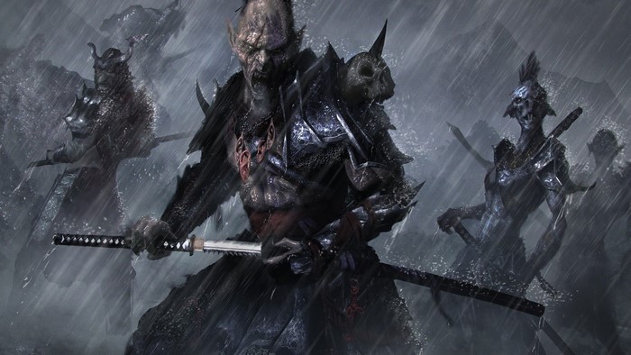 Orc warriors with swords in the rain