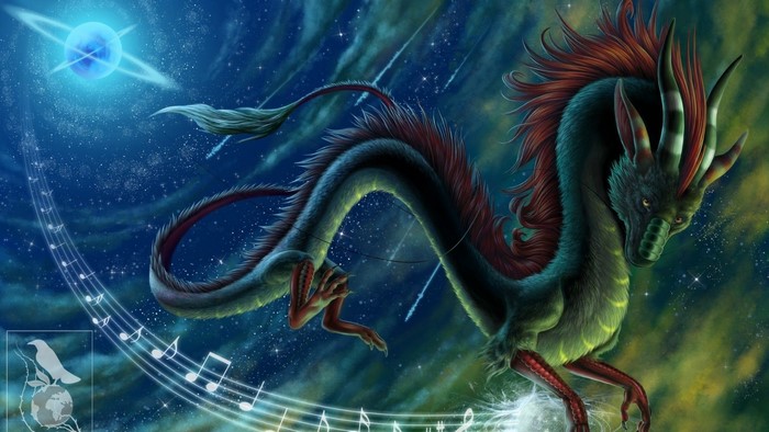 Dragon flying through space with musical notes