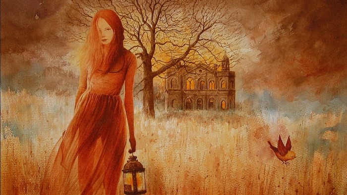 Girl with lantern in a fantasy landscape
