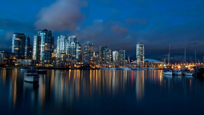 Vancouver Port Skyline at Dusk with Boats