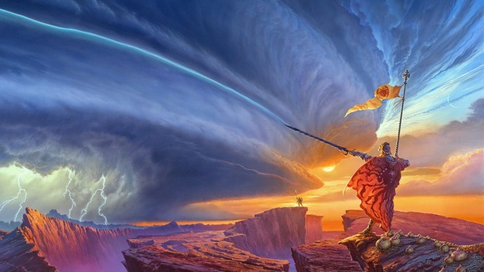 Warrior with flag facing storm and lightning