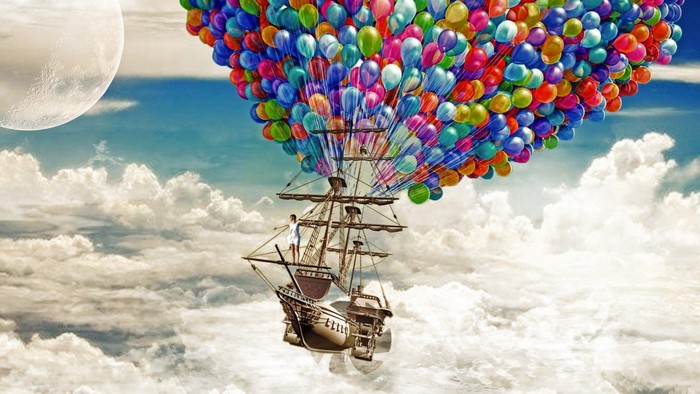 Ship lifted by balloons in the sky