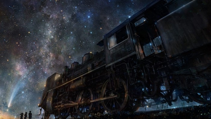 Train under a starry sky with a comet