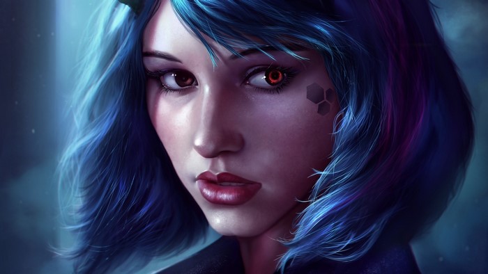 Fantasy girl with blue hair and cybernetic eye