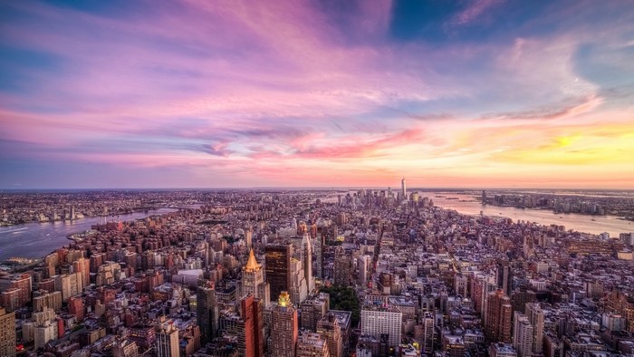 Purple Sunset Over New York City Skyline