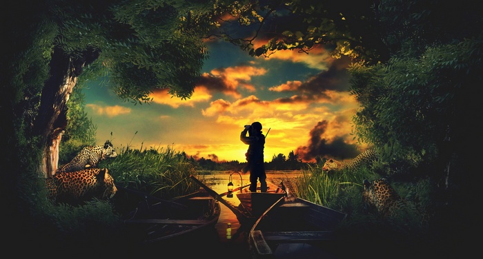 Man in boat with leopards at sunset