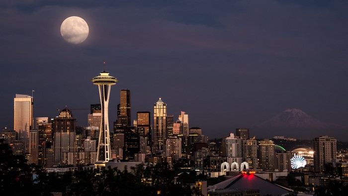 Seattle Skyline with Space Needle and Mount Rainier at Night