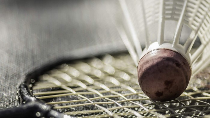 Close-up of a badminton shuttlecock on a racket