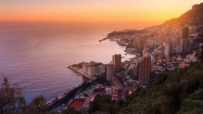 Monaco cityscape at sunset overlooking the Mediterranean Sea