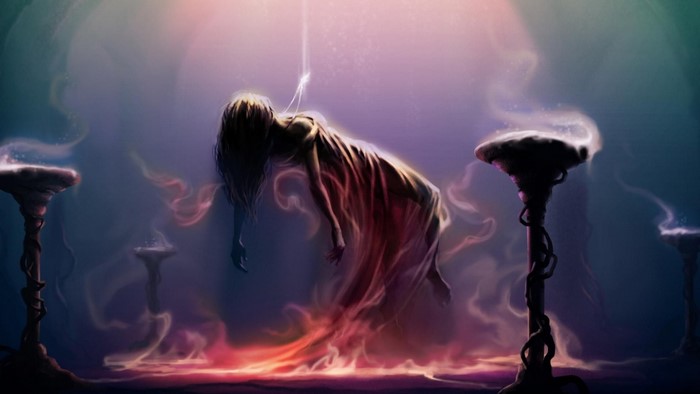 Girl levitating in a mystical environment