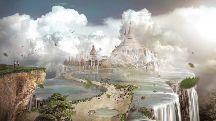 Fantasy world with floating islands and waterfalls