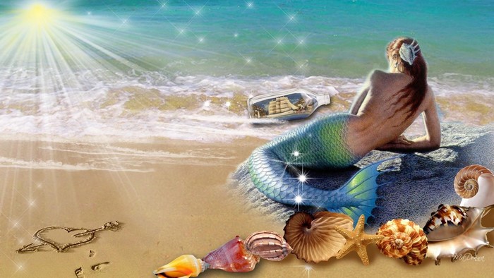 Mermaid sitting on a rock with a ship in a bottle