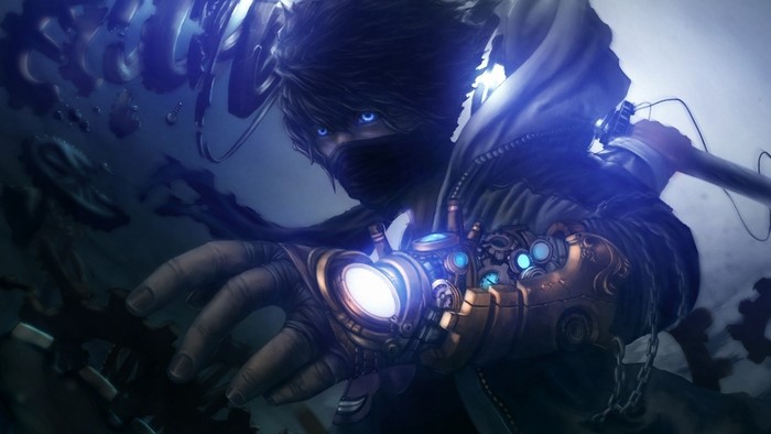 Fantasy warrior with glowing blue eyes and mechanical arm