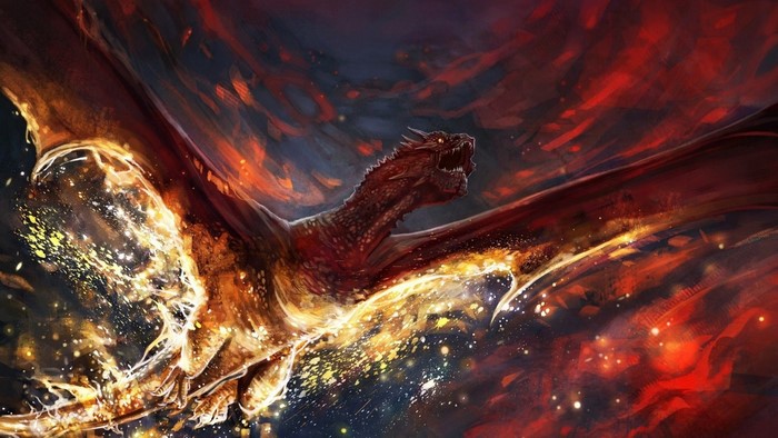 A red dragon engulfed in flames flies through a dark, fiery sky.