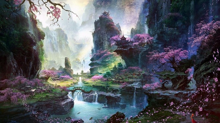Fantasy world with waterfalls and cherry blossoms