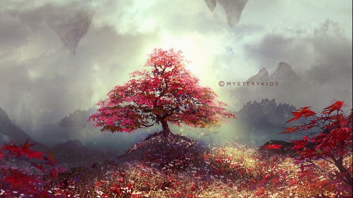 Fantasy landscape with a red tree and mountains