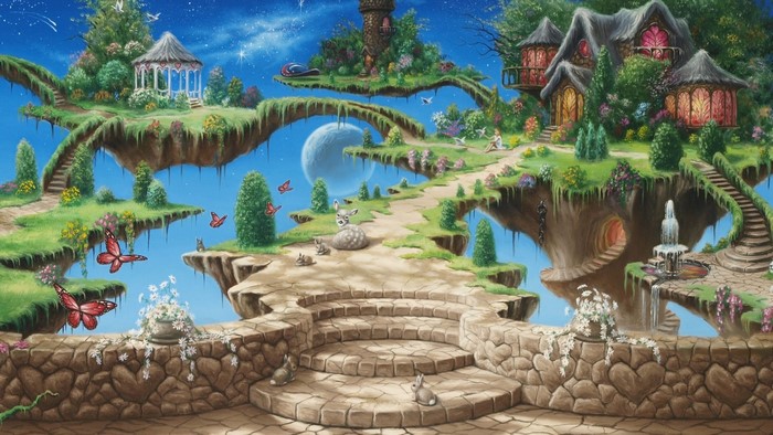 Fantasy floating islands with whimsical houses and butterflies